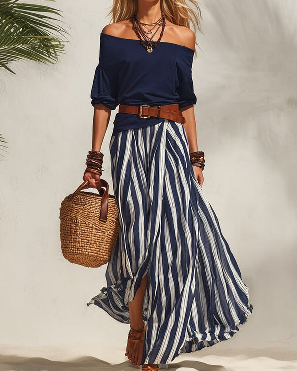 Madison | Conjunto de Falda Maxi de Rayas y Top de Hombros Descubiertos