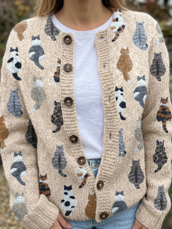 Penelope | Cárdigan de Estampado de Gatos con Botones