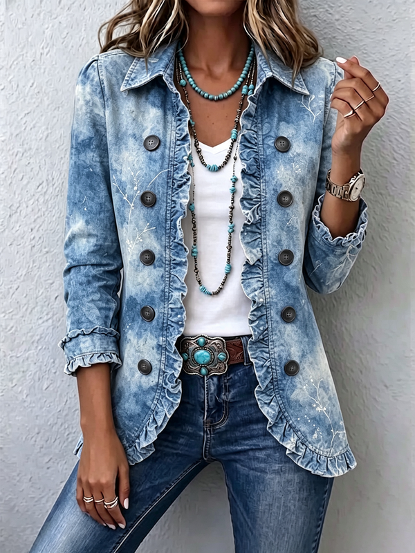 Jemison | Chaqueta Boho con Estampado Botánico Vintage Degradado y Volante