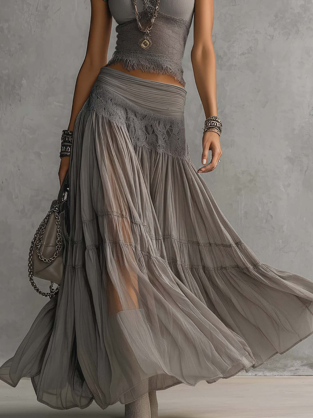 Beatrice | Conjunto de Top de Encaje Gris y Falda Maxi Plisada