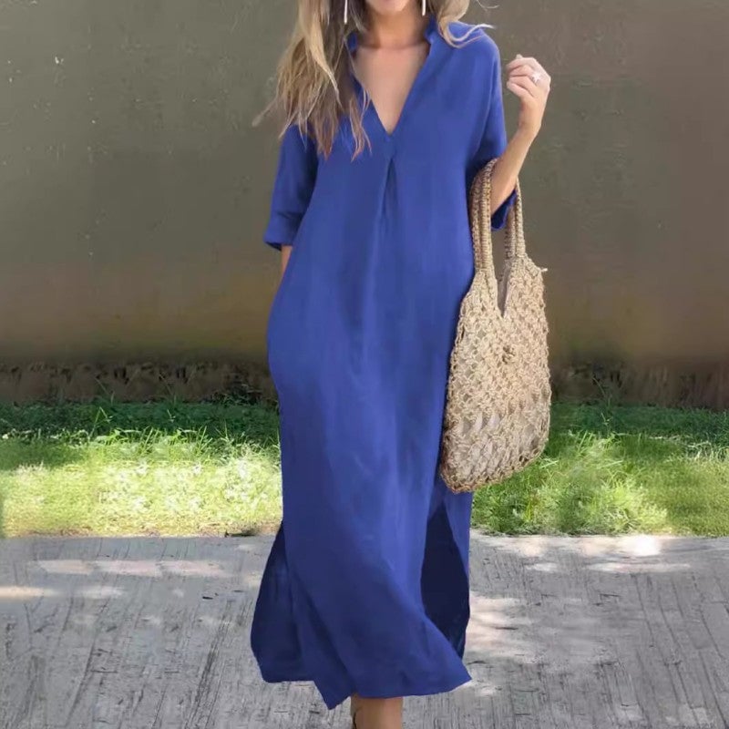 Arianna | Vestido Maxi Rojo con Escote en V y Manga Larga para un Estilo de Verano Sin Esfuerzo