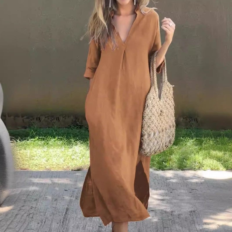 Arianna | Vestido Maxi Rojo con Escote en V y Manga Larga para un Estilo de Verano Sin Esfuerzo