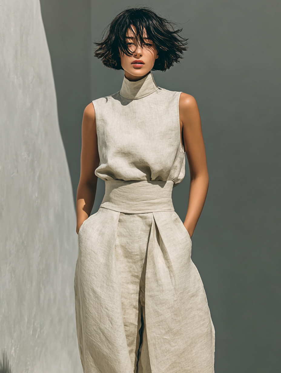 Serena | Conjunto de Blusa Sin Mangas y Pantalón de Pierna Ancha en Mezcla de Algodón y Lino
