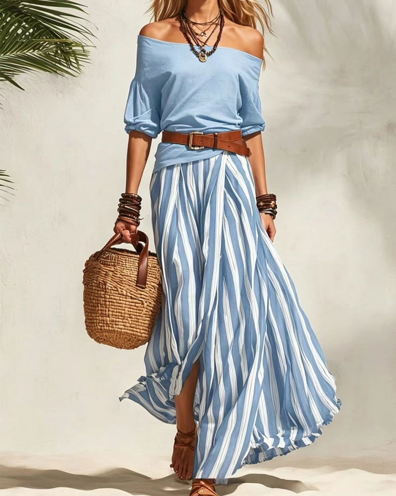 Madison | Conjunto de Falda Maxi de Rayas y Top de Hombros Descubiertos