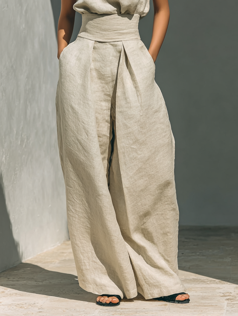 Serena | Conjunto de Blusa Sin Mangas y Pantalón de Pierna Ancha en Mezcla de Algodón y Lino