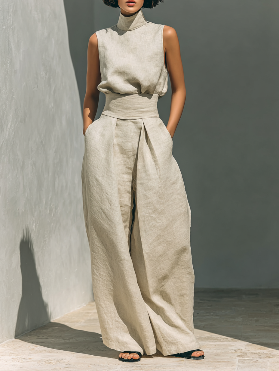 Serena | Conjunto de Blusa Sin Mangas y Pantalón de Pierna Ancha en Mezcla de Algodón y Lino