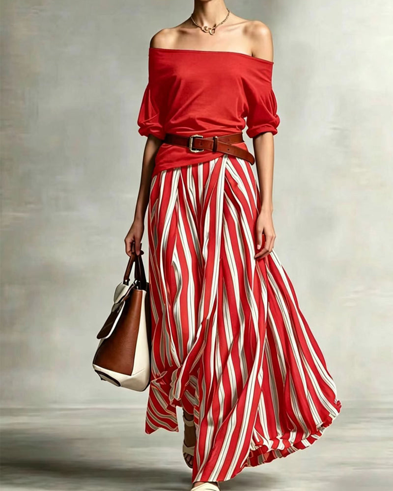 Madison | Conjunto de Falda Maxi de Rayas y Top de Hombros Descubiertos