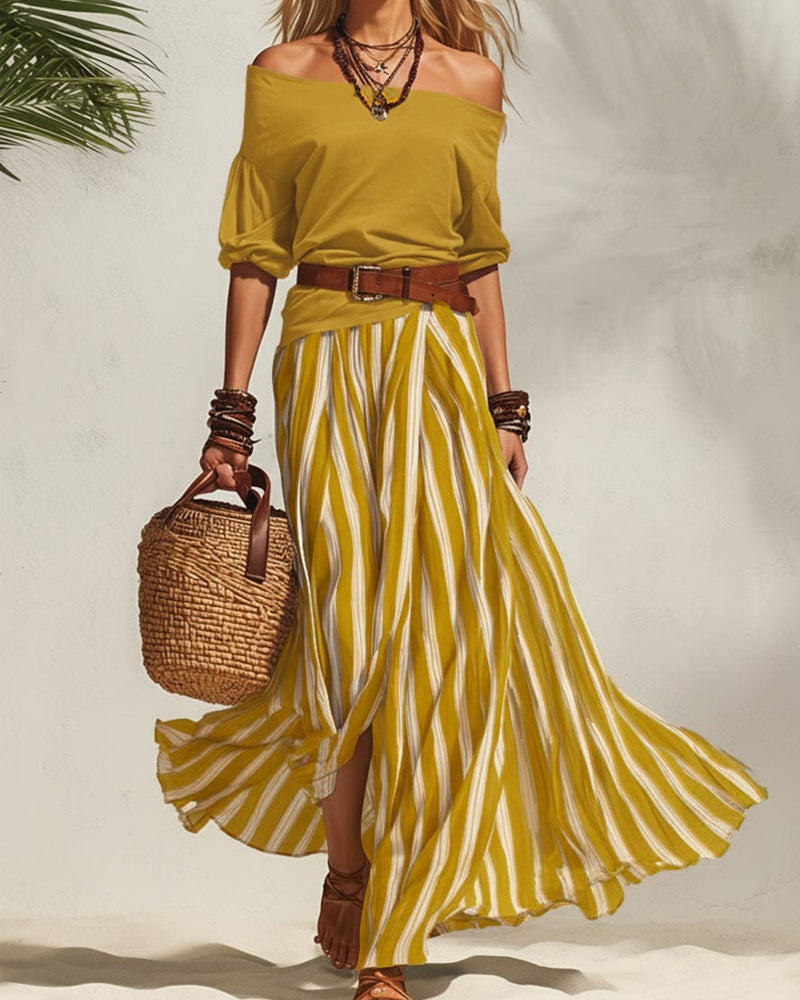 Madison | Conjunto de Falda Maxi de Rayas y Top de Hombros Descubiertos