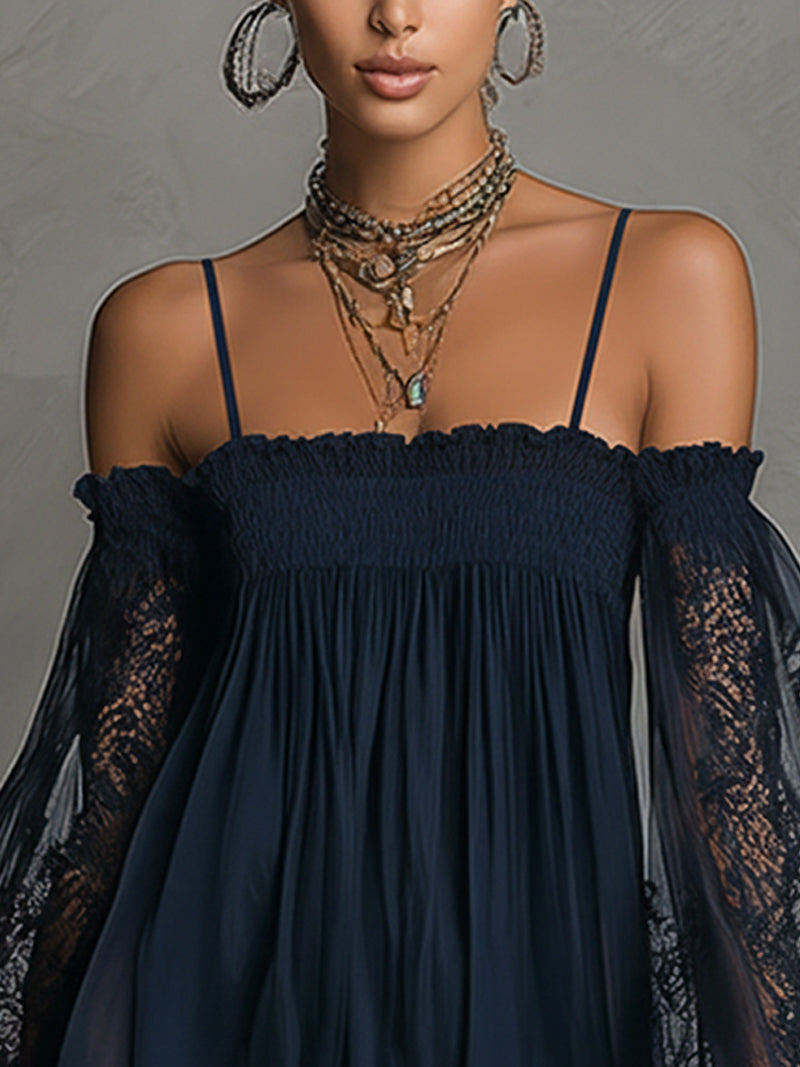 Noemi | Mini Vestido de Gasa Azul Marino con Escote Descubierto, Ribete de Encaje y Mangas Transparentes