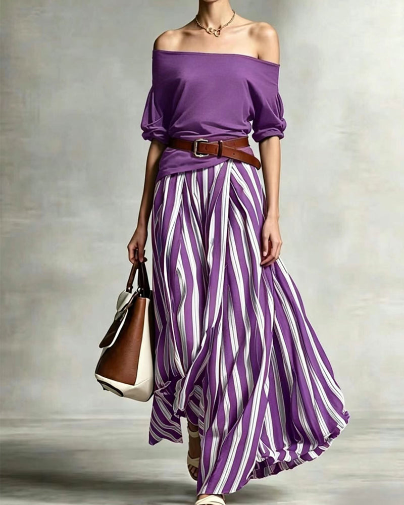 Madison | Conjunto de Falda Maxi de Rayas y Top de Hombros Descubiertos