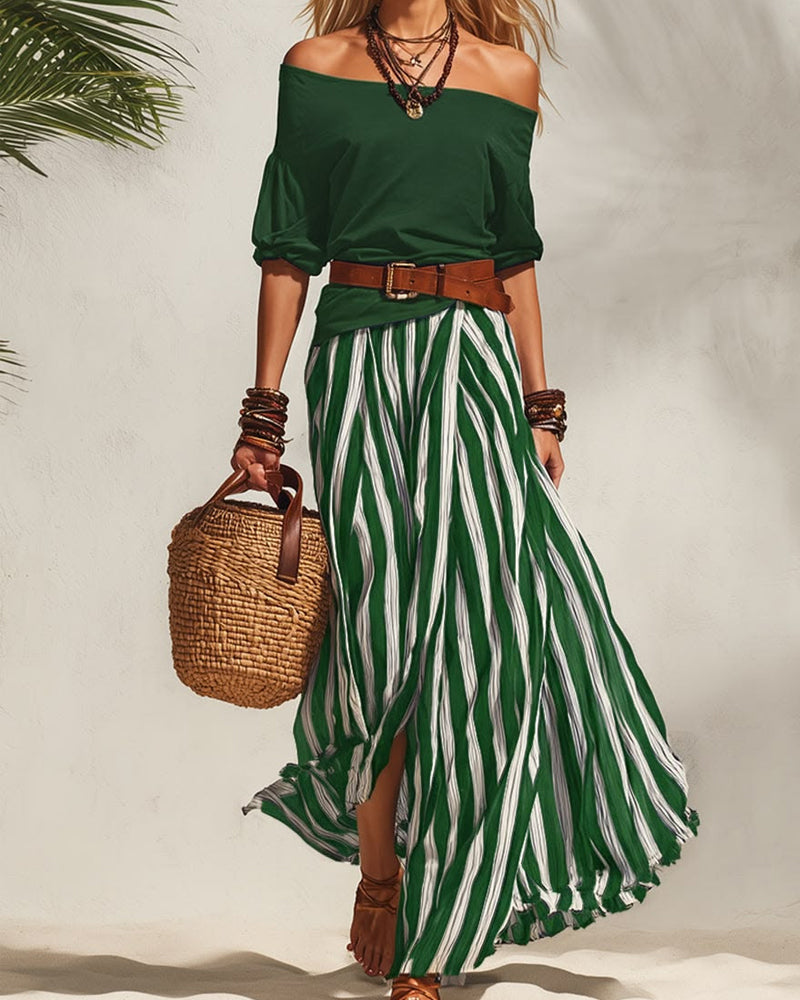 Madison | Conjunto de Falda Maxi de Rayas y Top de Hombros Descubiertos