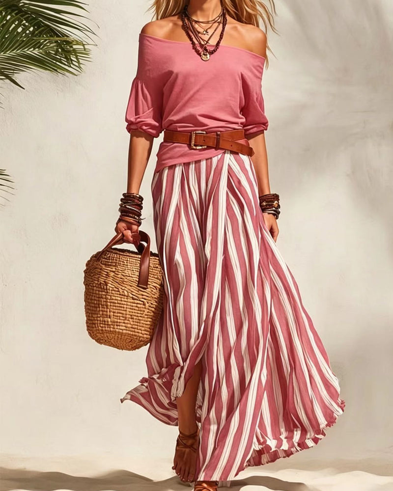 Madison | Conjunto de Falda Maxi de Rayas y Top de Hombros Descubiertos