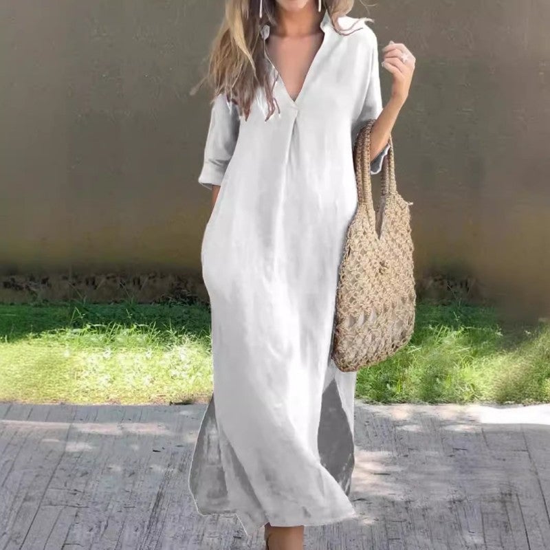 Arianna | Vestido Maxi Rojo con Escote en V y Manga Larga para un Estilo de Verano Sin Esfuerzo