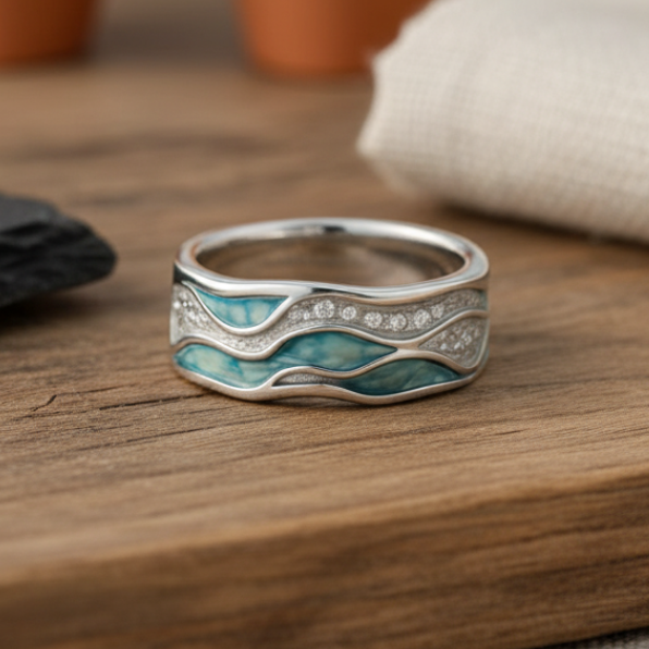 Anillo Ondulado de Turquesa en Plata