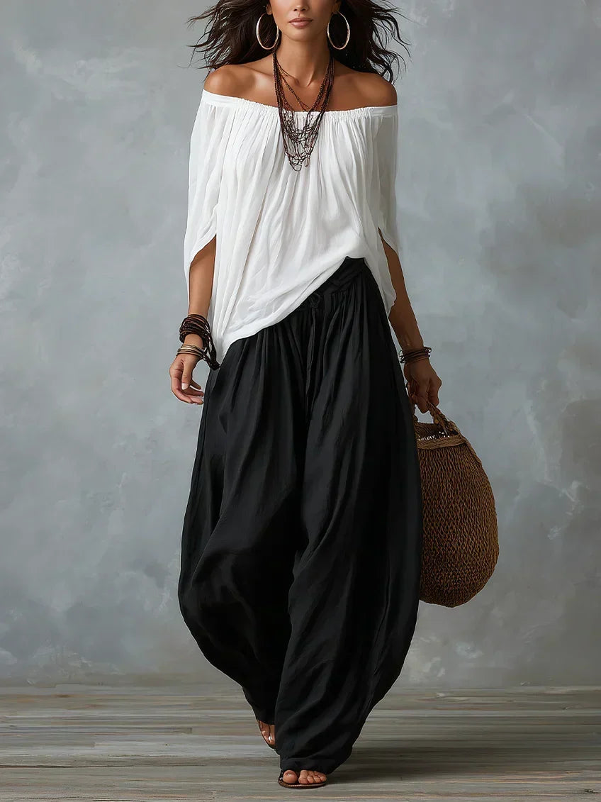 EUGENIA | Conjunto Top de Hombros Descubiertos y Pantalón Farol