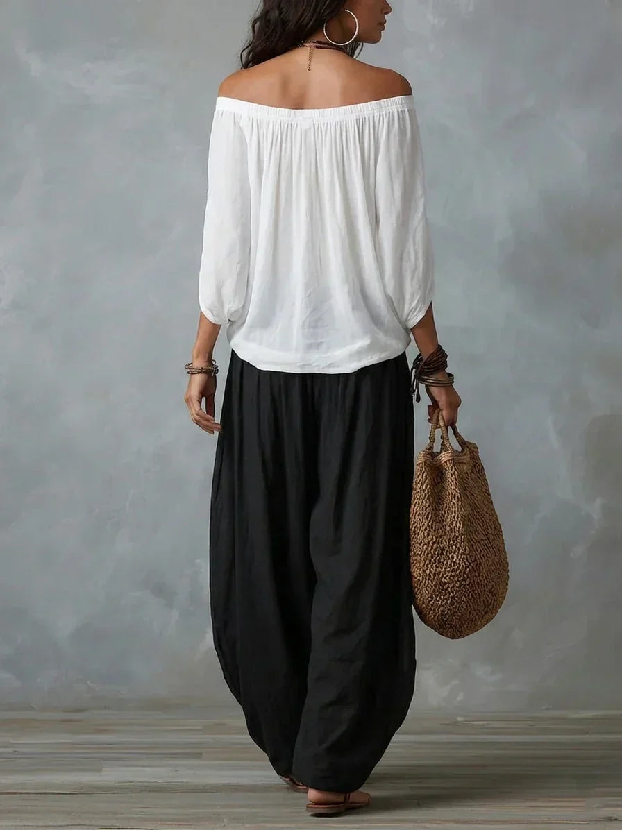 EUGENIA | Conjunto Top de Hombros Descubiertos y Pantalón Farol