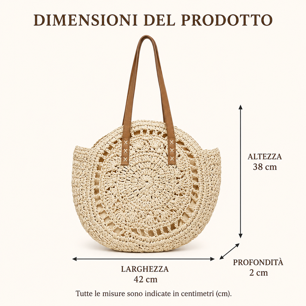 Luigia | Bolso Redondo de Paja Trenzada con Motivo — Beige Natural