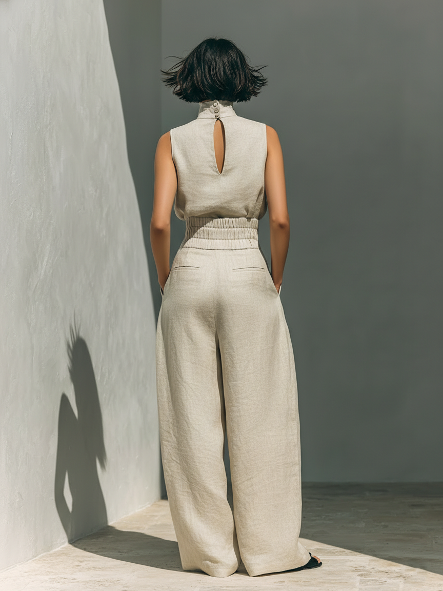 Serena | Conjunto de Blusa Sin Mangas y Pantalón de Pierna Ancha en Mezcla de Algodón y Lino