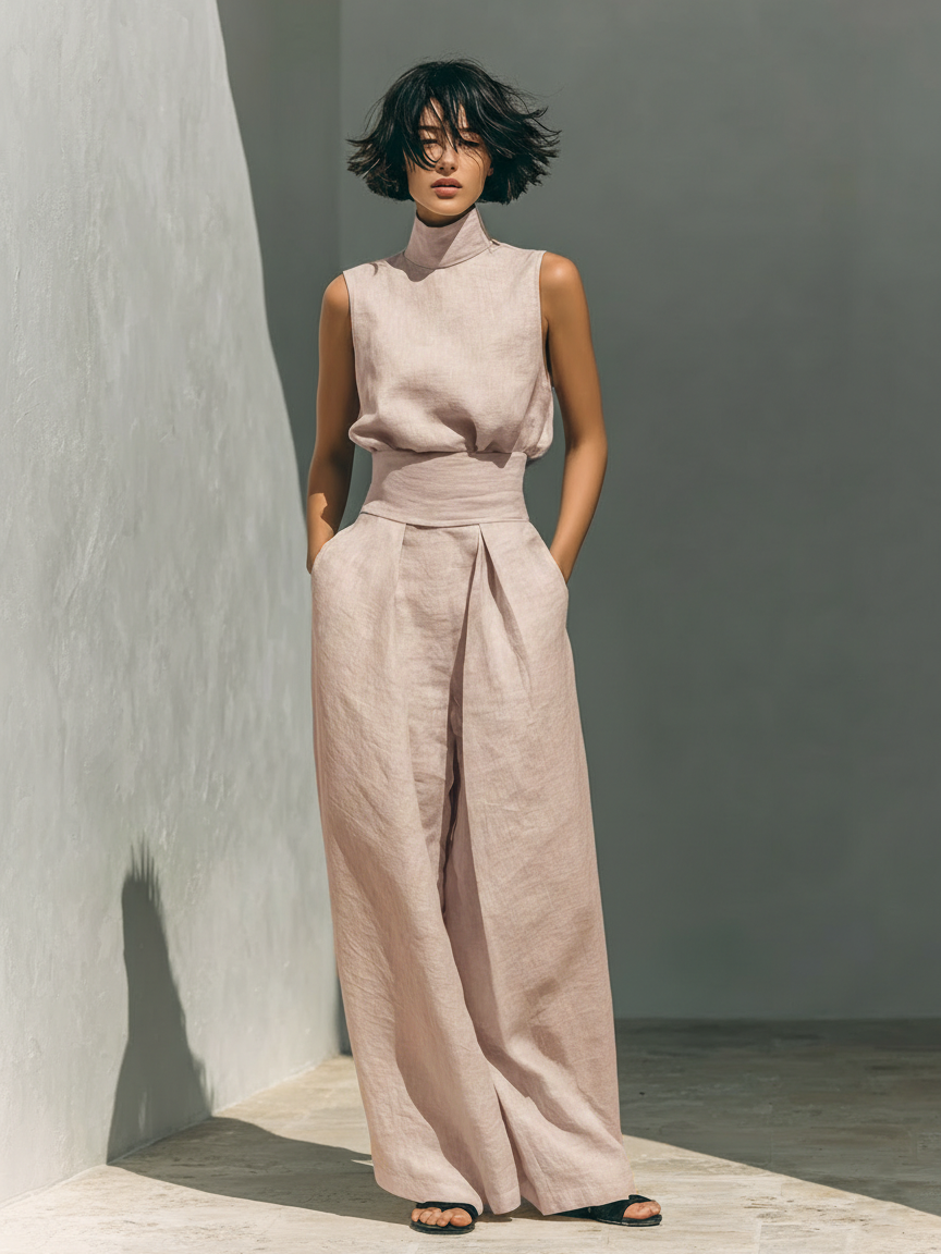 Serena | Conjunto de Blusa Sin Mangas y Pantalón de Pierna Ancha en Mezcla de Algodón y Lino