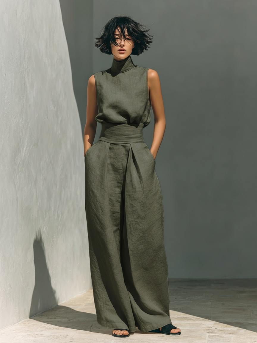 Serena | Conjunto de Blusa Sin Mangas y Pantalón de Pierna Ancha en Mezcla de Algodón y Lino