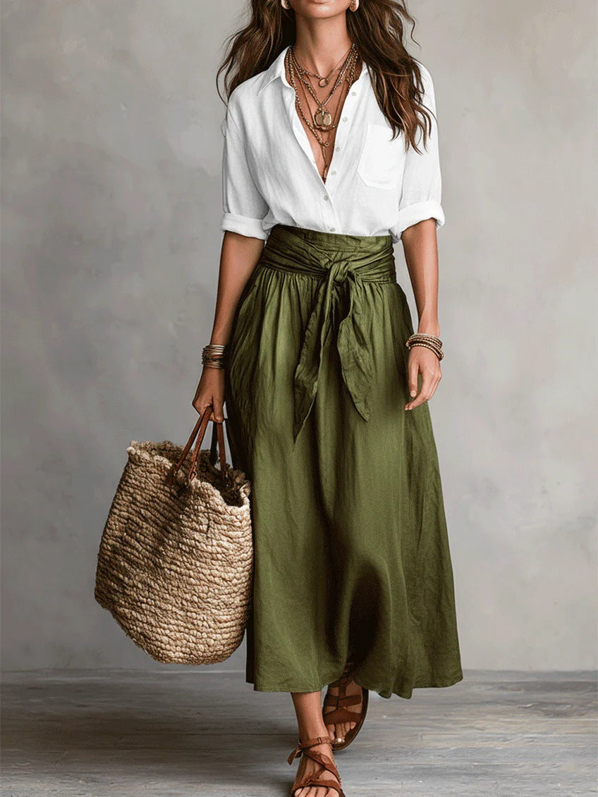 River | Conjunto de Dos Piezas Top Negro y Falda Midi Verde Oliva