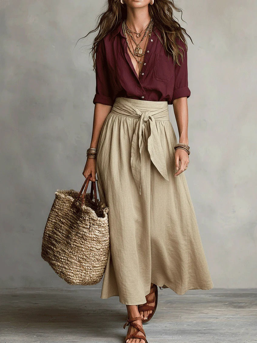River | Conjunto de Dos Piezas Top Negro y Falda Midi Verde Oliva