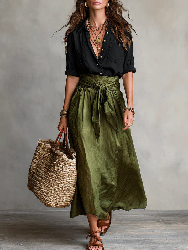 River | Conjunto de Dos Piezas Top Negro y Falda Midi Verde Oliva