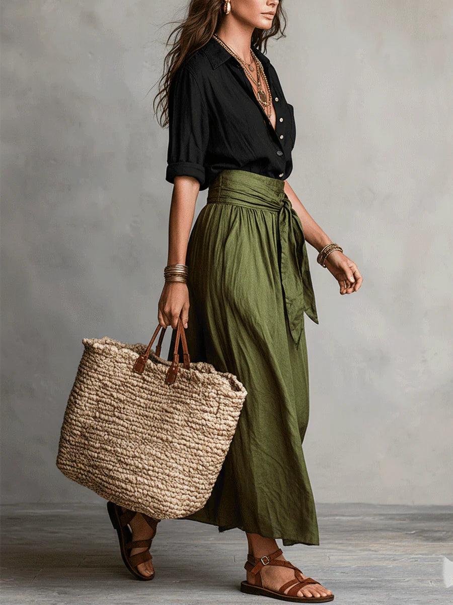 River | Conjunto de Dos Piezas Top Negro y Falda Midi Verde Oliva