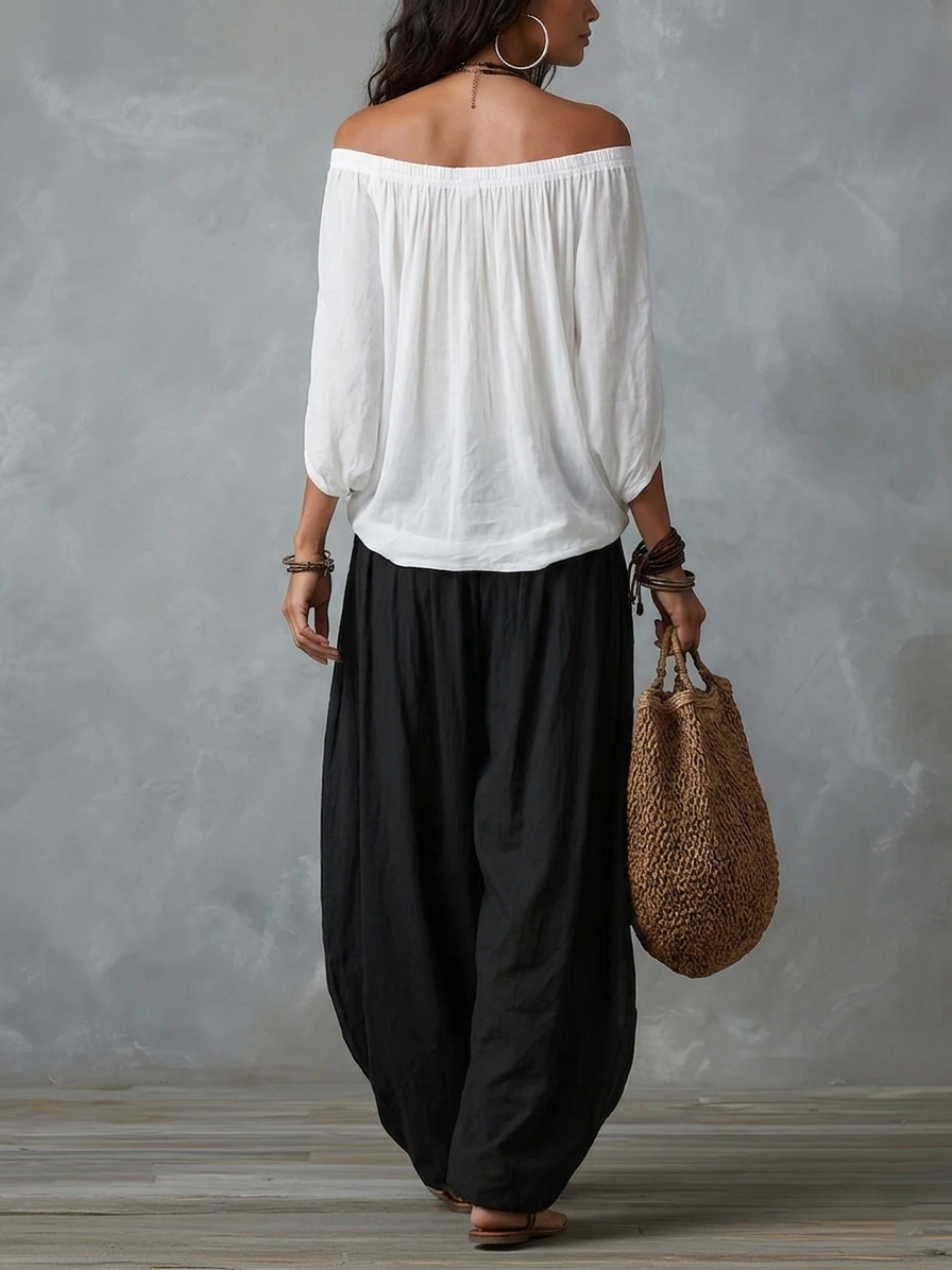 Rosario | Conjunto de Top de Hombros Descubiertos y Pantalón Farol Ancho
