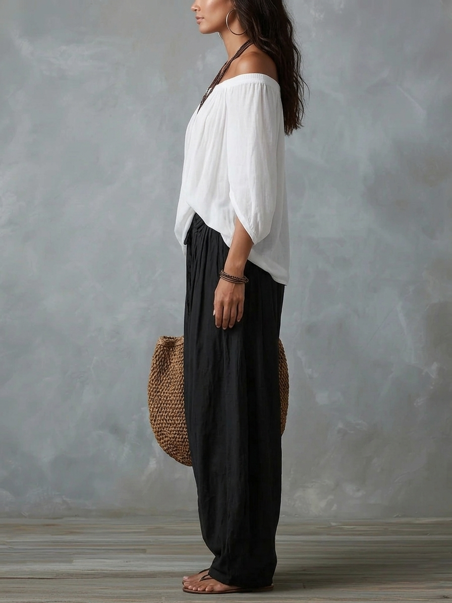 Rosario | Conjunto de Top de Hombros Descubiertos y Pantalón Farol Ancho
