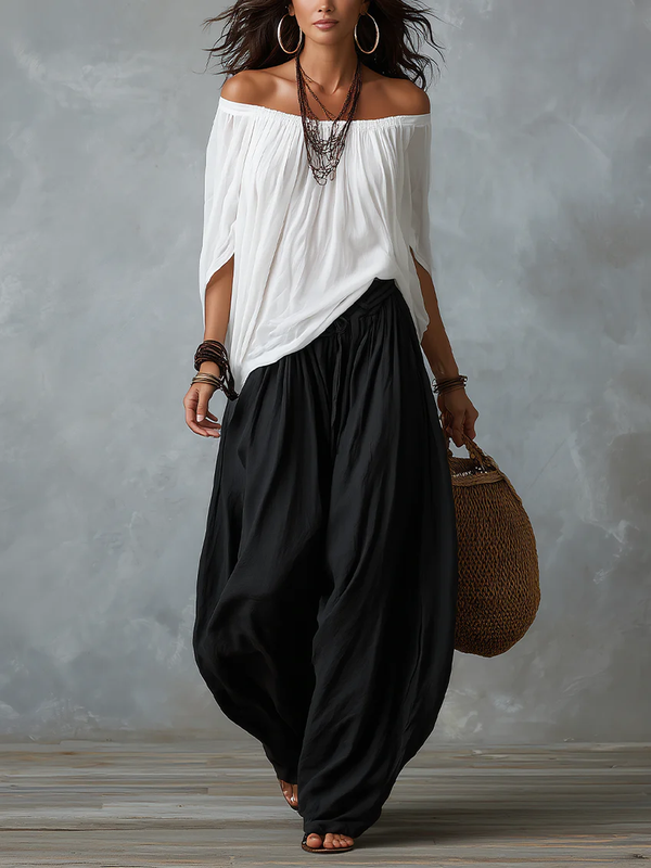 Rosario | Conjunto de Top de Hombros Descubiertos y Pantalón Farol Ancho