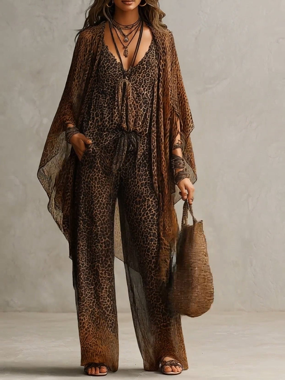 FERNANDA | Conjunto de Tres Piezas Leopardo con Cárdigan de Gasa