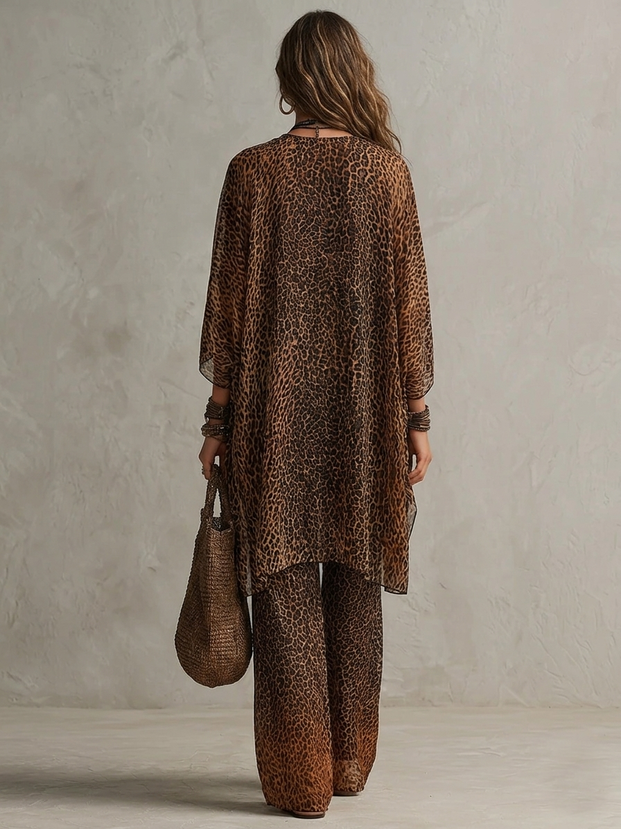 FERNANDA | Conjunto de Tres Piezas Leopardo con Cárdigan de Gasa
