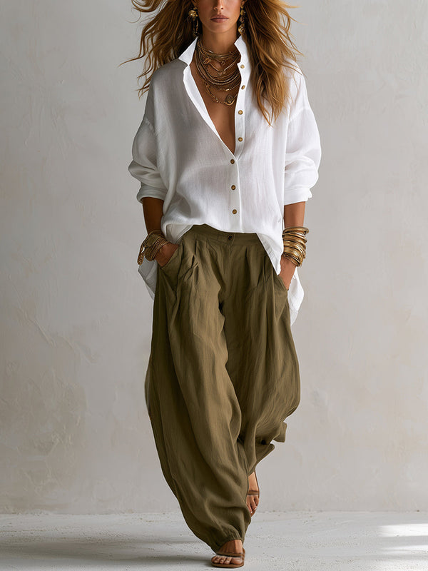 Cristina | Conjunto de Camisa Blanca y Pantalón Farol de Pierna Ancha