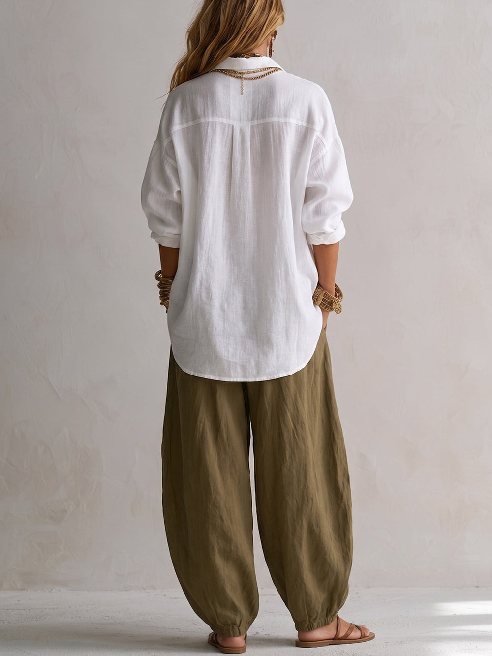 Cristina | Conjunto de Camisa Blanca y Pantalón Farol de Pierna Ancha
