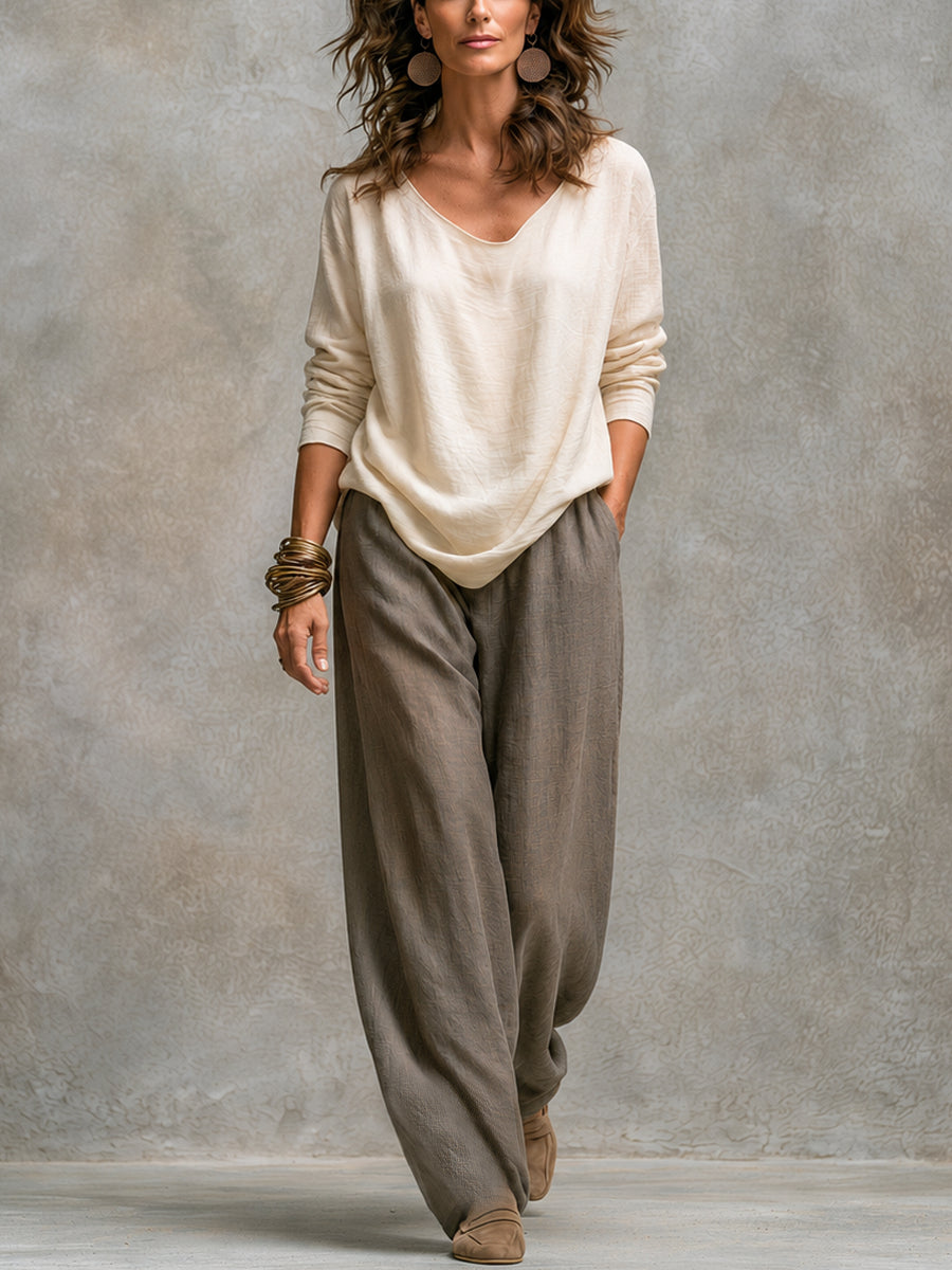 Speranza | Traje Elegante Beige-Gris de Tres Piezas y Pierna Ancha