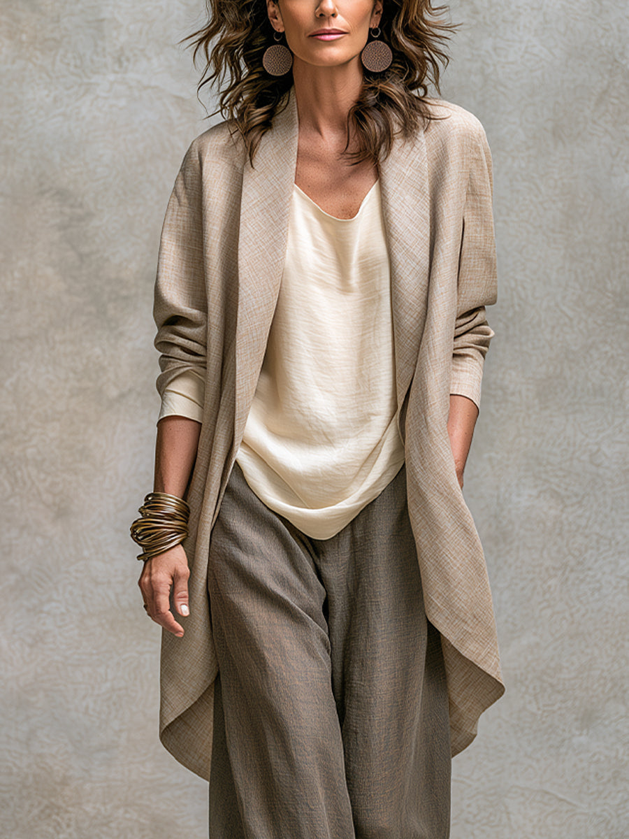 Speranza | Traje Elegante Beige-Gris de Tres Piezas y Pierna Ancha