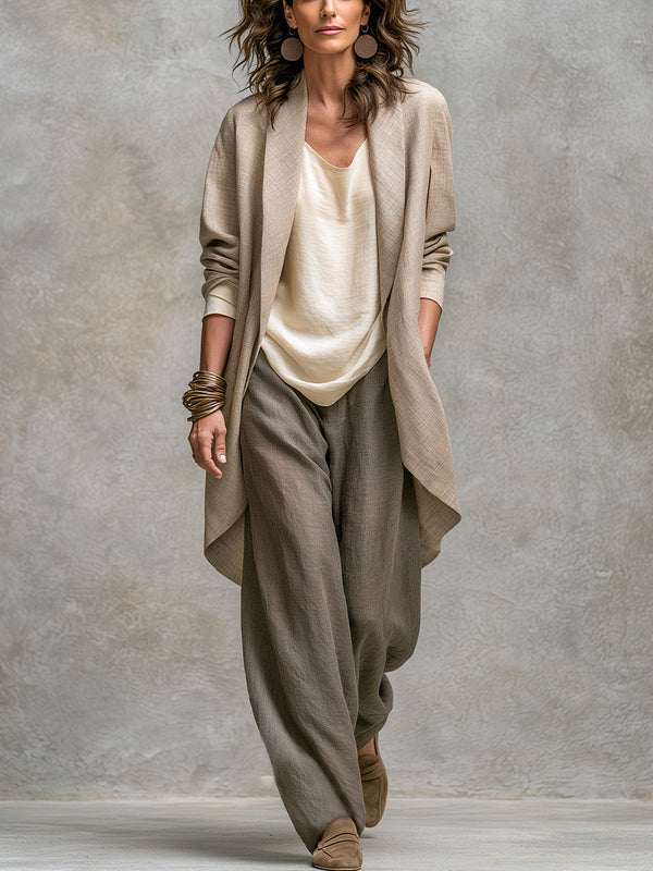 Speranza | Traje Elegante Beige-Gris de Tres Piezas y Pierna Ancha