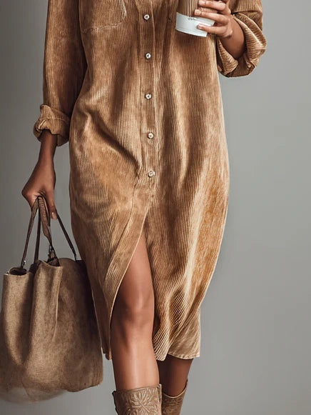 Benedetta | Vestido Midi de Pana con Bolsillos en el Pecho