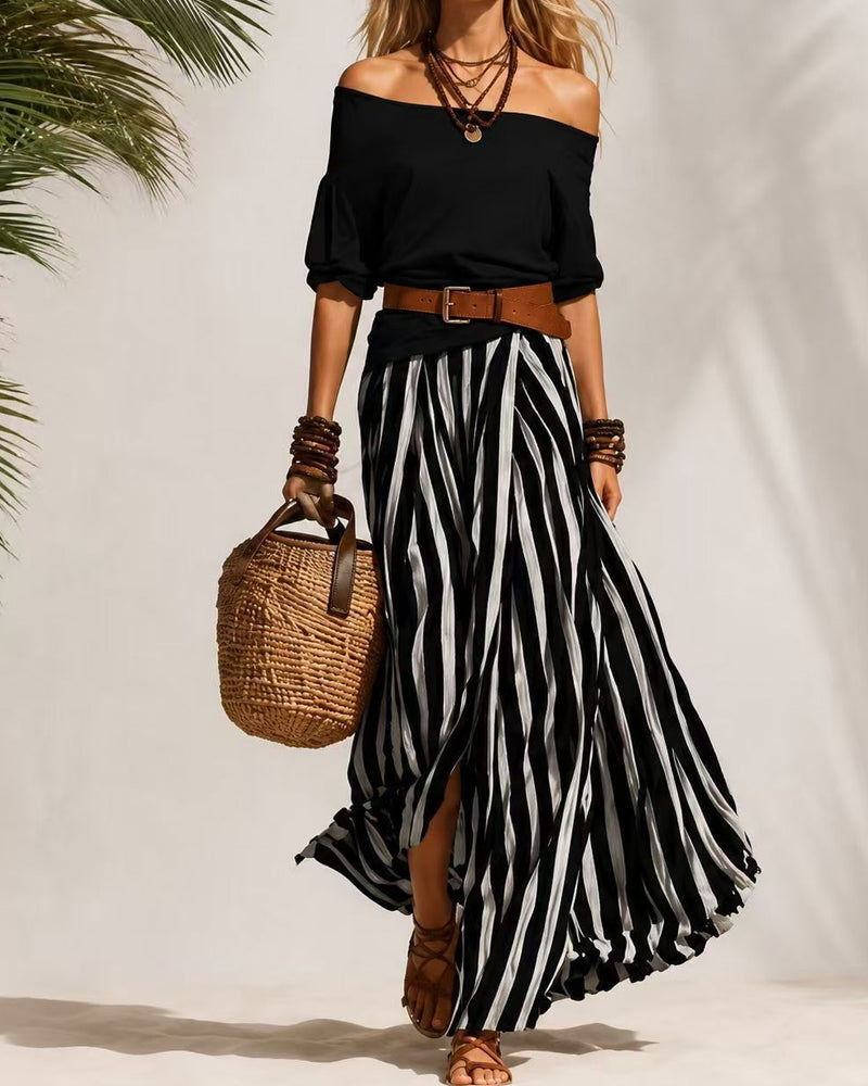 Madison | Conjunto de Falda Maxi de Rayas y Top de Hombros Descubiertos