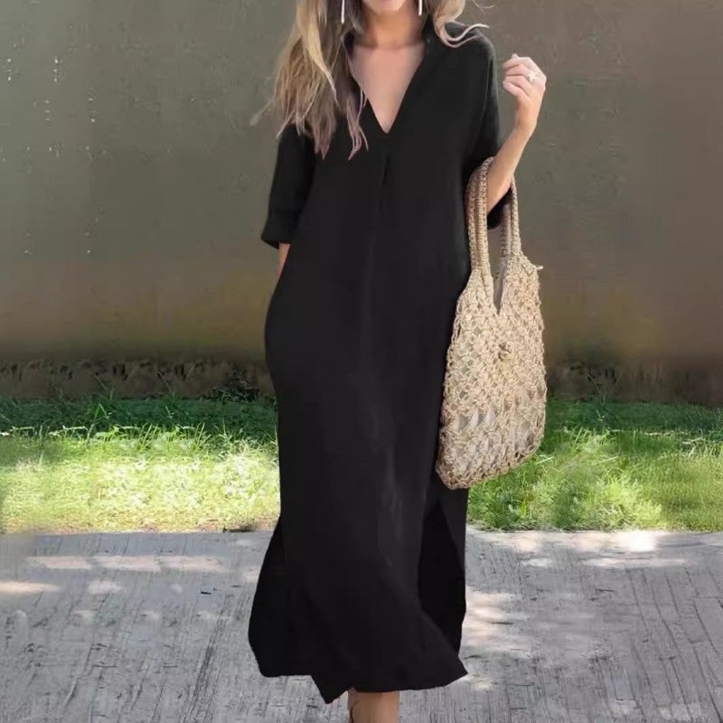 Arianna | Vestido Maxi Rojo con Escote en V y Manga Larga para un Estilo de Verano Sin Esfuerzo