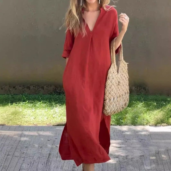 Arianna | Vestido Maxi Rojo con Escote en V y Manga Larga para un Estilo de Verano Sin Esfuerzo