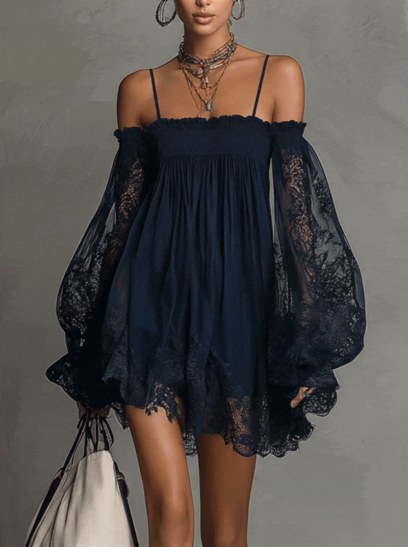 Noemi | Mini Vestido de Gasa Azul Marino con Escote Descubierto, Ribete de Encaje y Mangas Transparentes