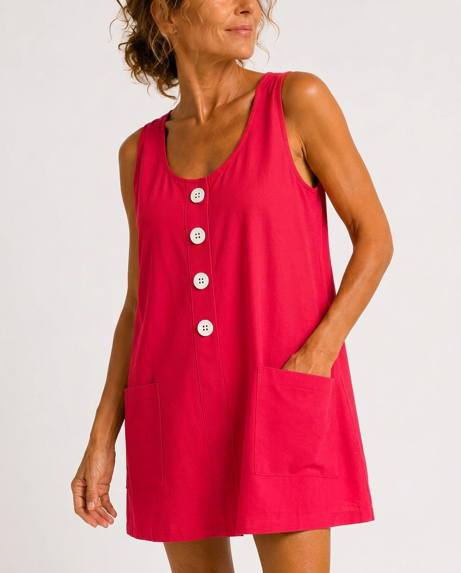 Mabel | Mini Vestido Sin Mangas con Botones y Bolsillos Laterales