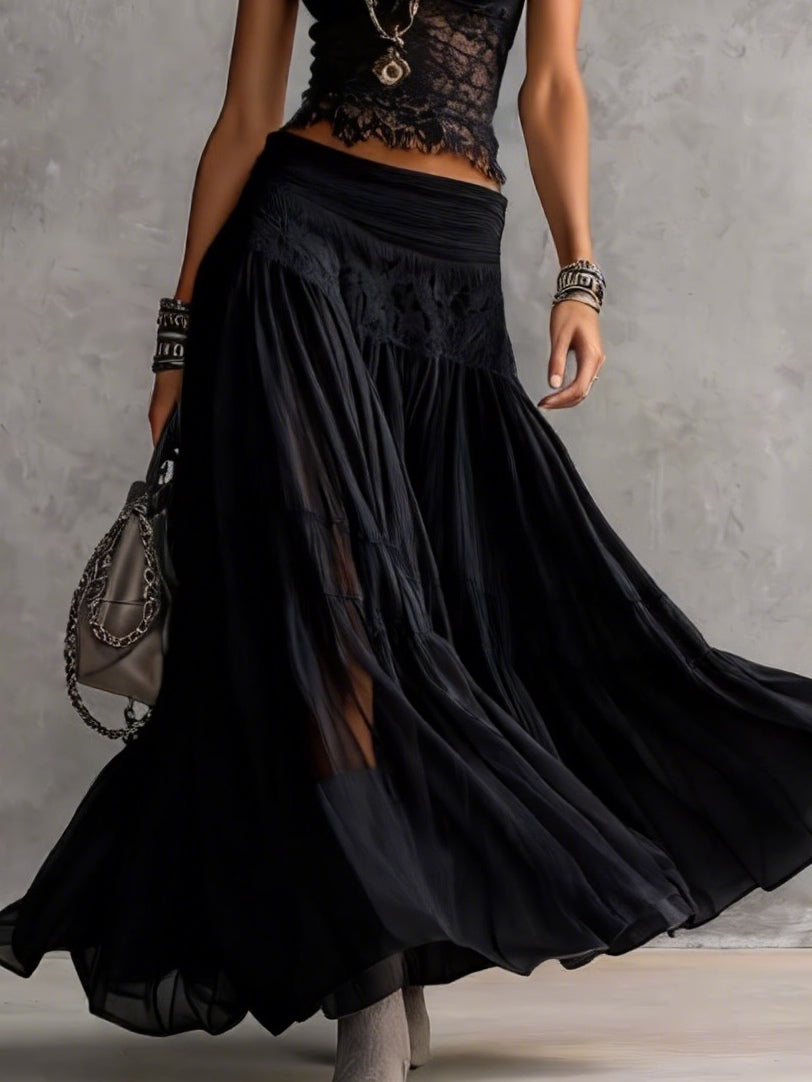LUDOVICA | Conjunto Top de Encaje Negro y Falda Maxi Plisada