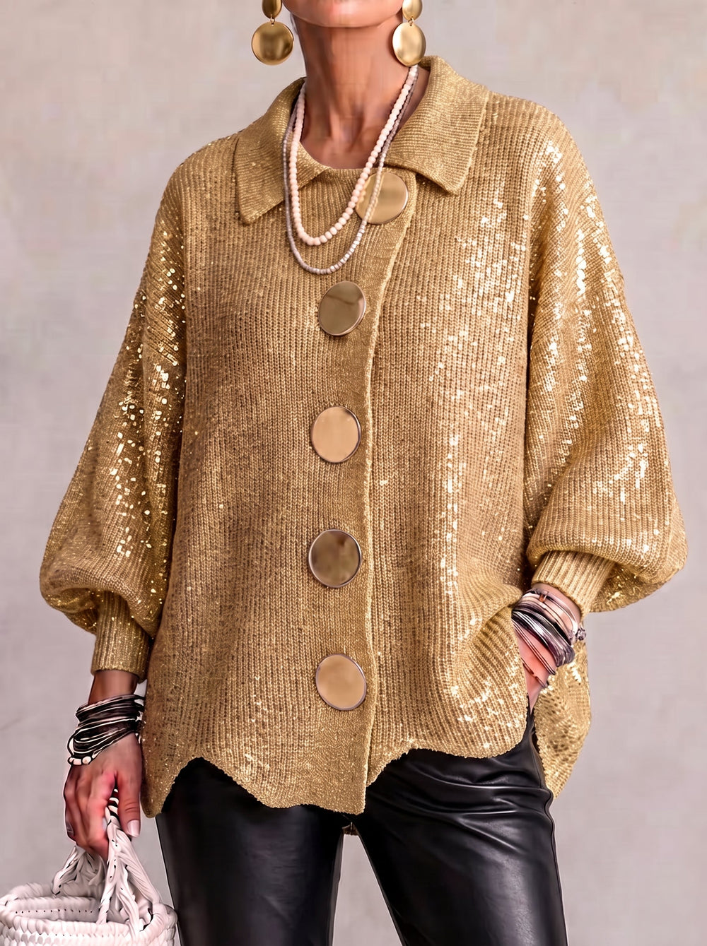 Isadora | Cárdigan Oversize con Cuello y Grandes Botones Metálicos