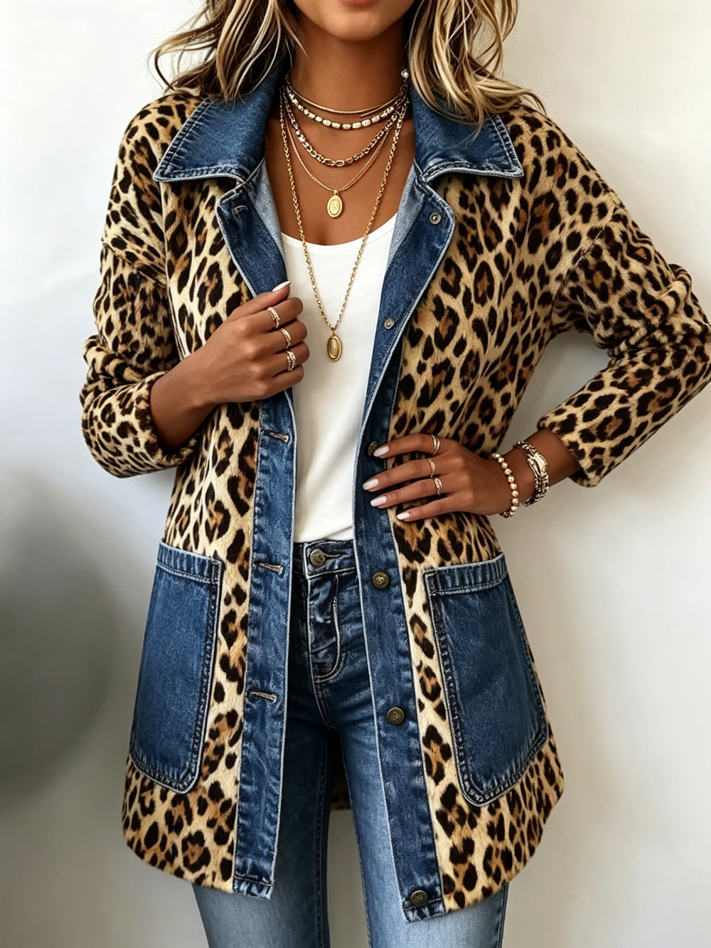 Fablenne | Chaqueta Larga de Estampado Leopardo con Panel Vaquero de Contraste