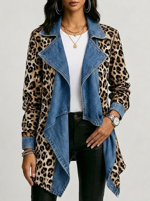 Sherilyn | Chaqueta Midi de Estampado Leopardo con Paneles de Denim Lavado