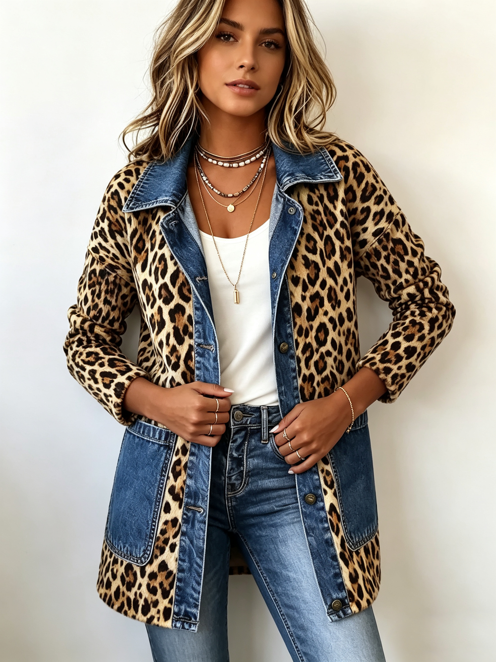 Fablenne | Chaqueta Larga de Estampado Leopardo con Panel Vaquero de Contraste
