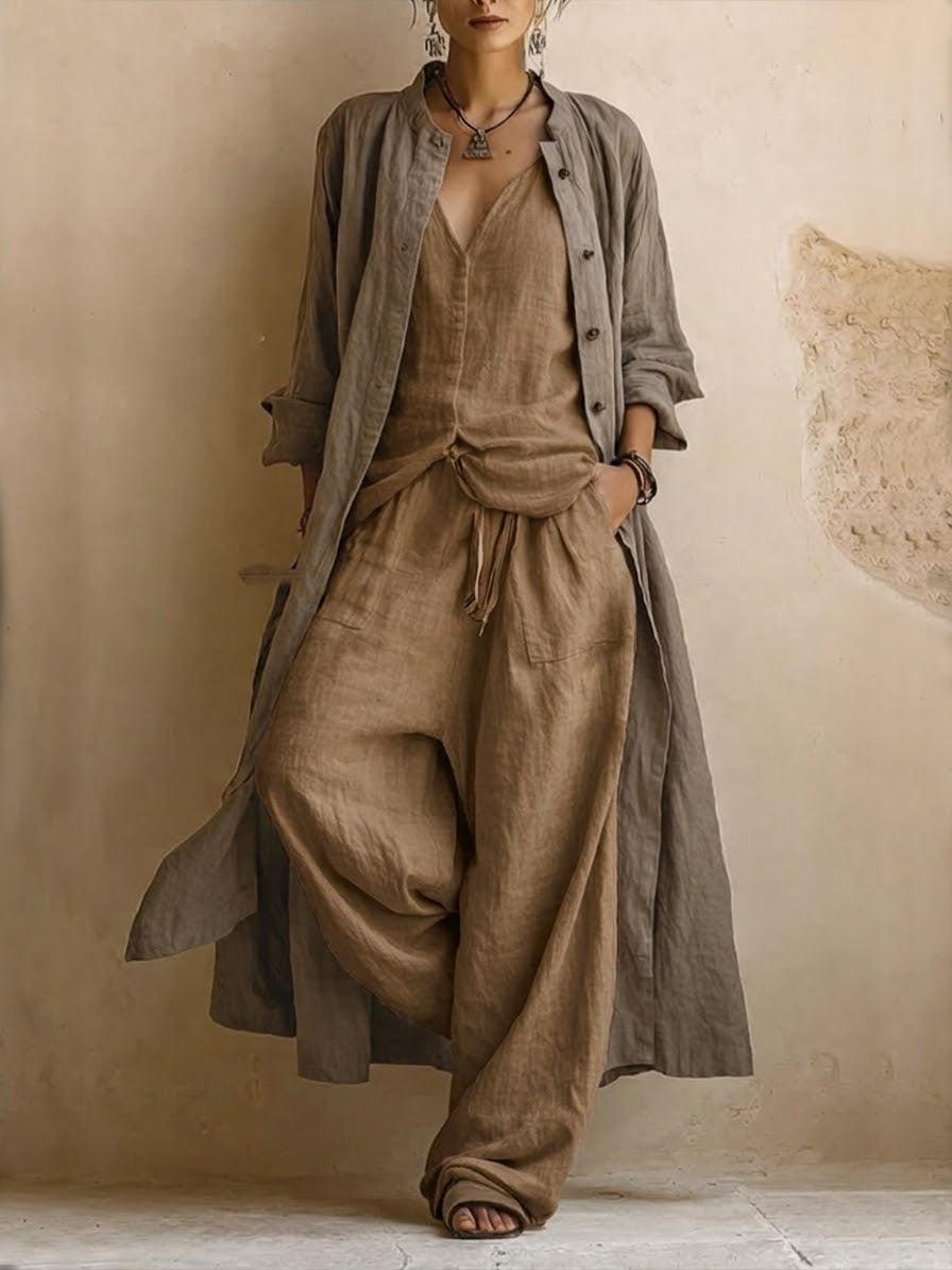 ILENIA | Conjunto Boho de Tres Piezas en Mezcla de Lino